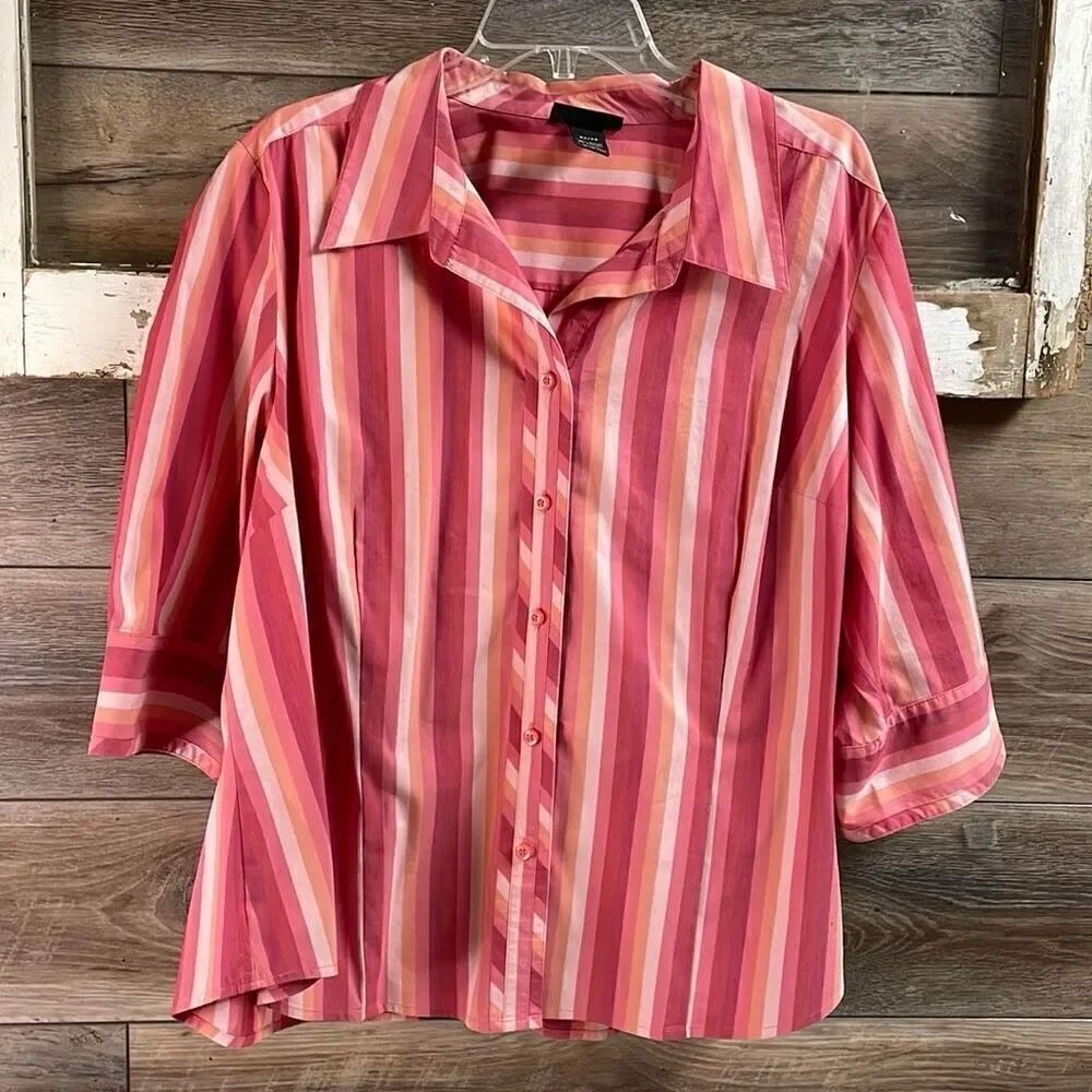 LANE BRYANT Women’s Long Sleeve Button Up Shirt Striped Coral Pink Size 22/24